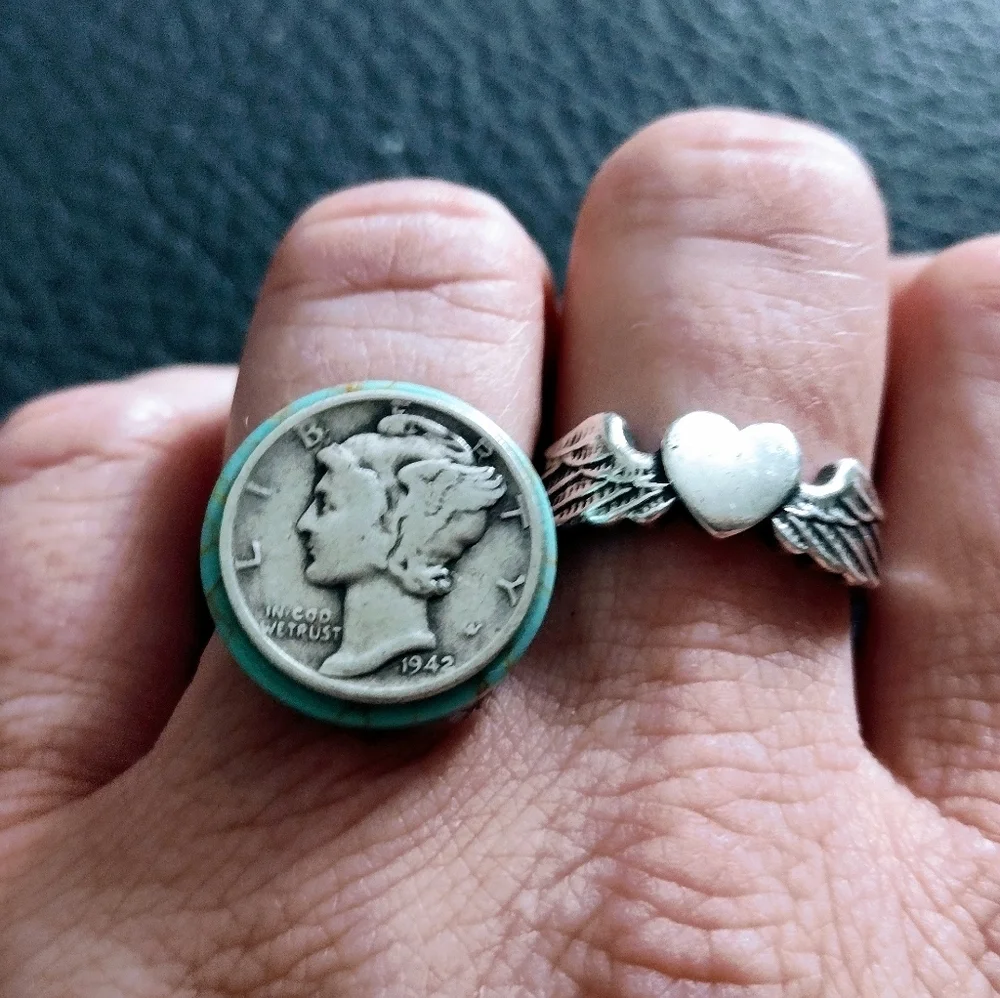 Sale! VINTAGE Handmade Turquoise Silver Mercury Dime Adjustable Ring - Picture 1 of 6
